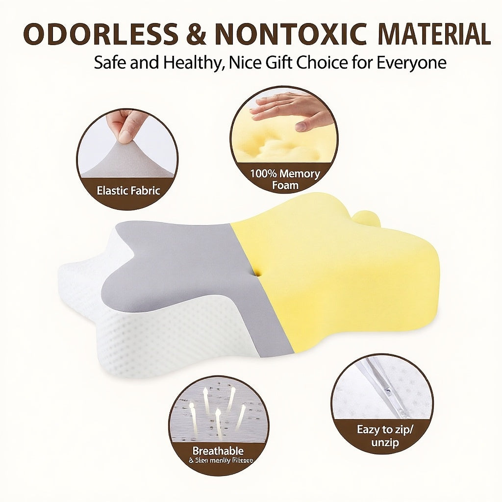 Memory foam product with text highlighting odorless, nontoxic, and safe material properties.