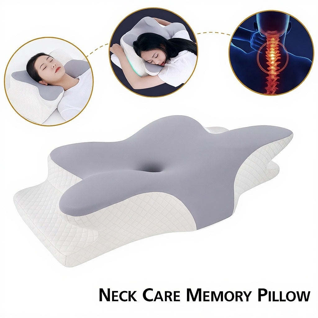 Neck care memory pillow with insets showing usage and spine diagram on a white background