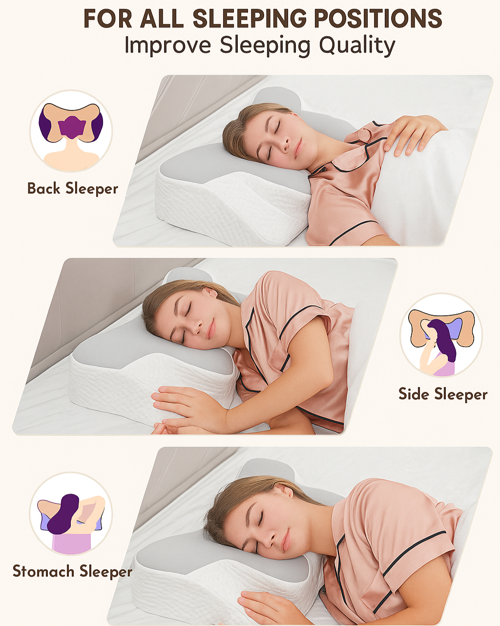 Illustrations of people sleeping in different positions with a pillow, labeled for back, side, and stomach sleepers.