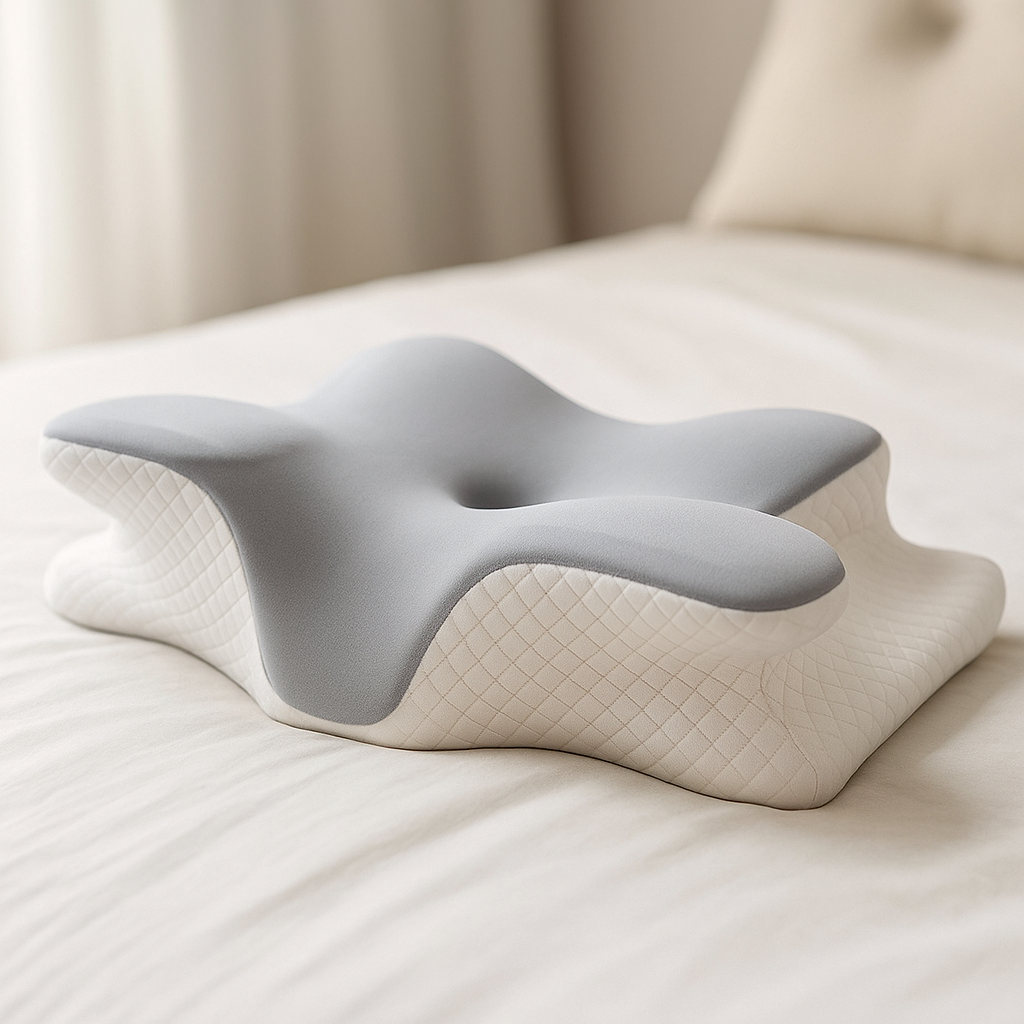 Gray and white pillow on a bed