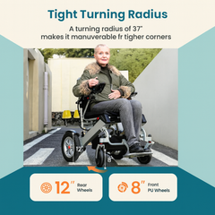Person using a mobility scooter with text about tight turning radius and wheel specifications.