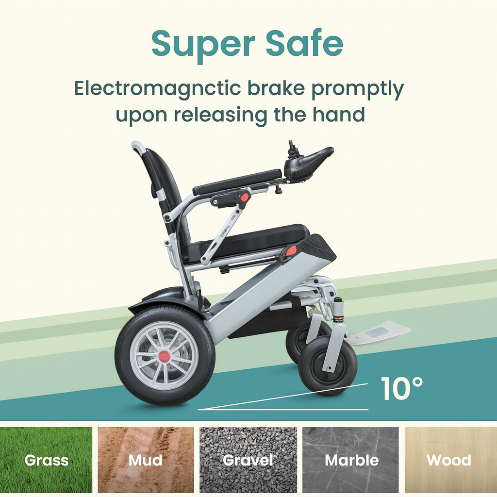 Electric wheelchair with electromagnetic brake feature on a gradient background