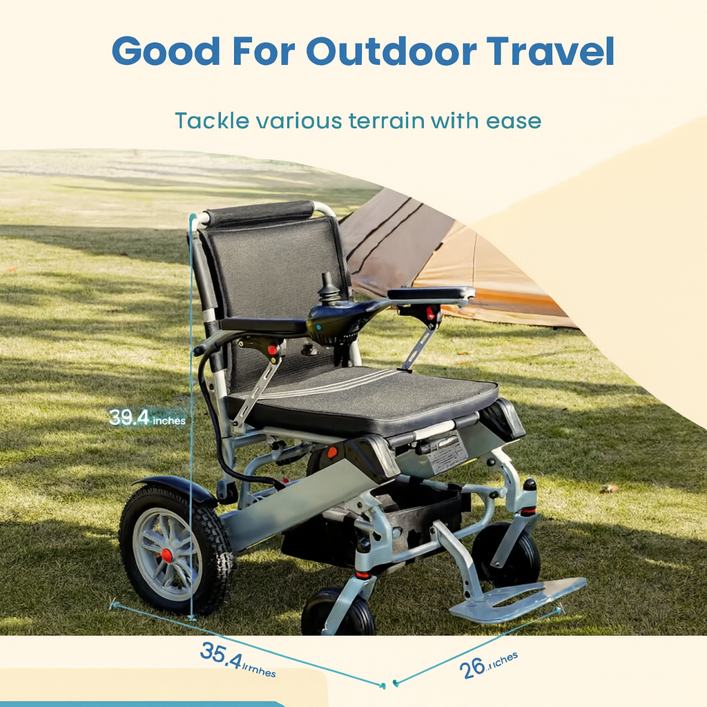 Mobility wheelchair on grass with text about outdoor travel capabilities