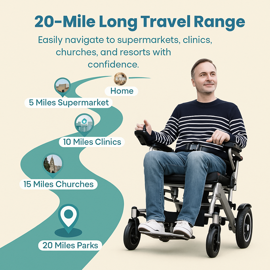 Man in a wheelchair with travel range infographic on a beige background
