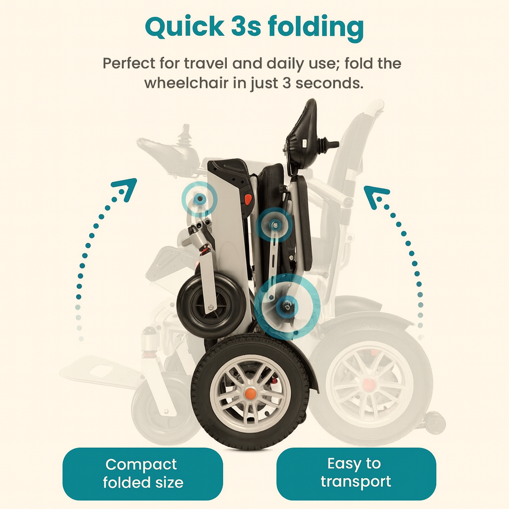 Foldable wheelchair with text highlighting quick folding feature and ease of use.