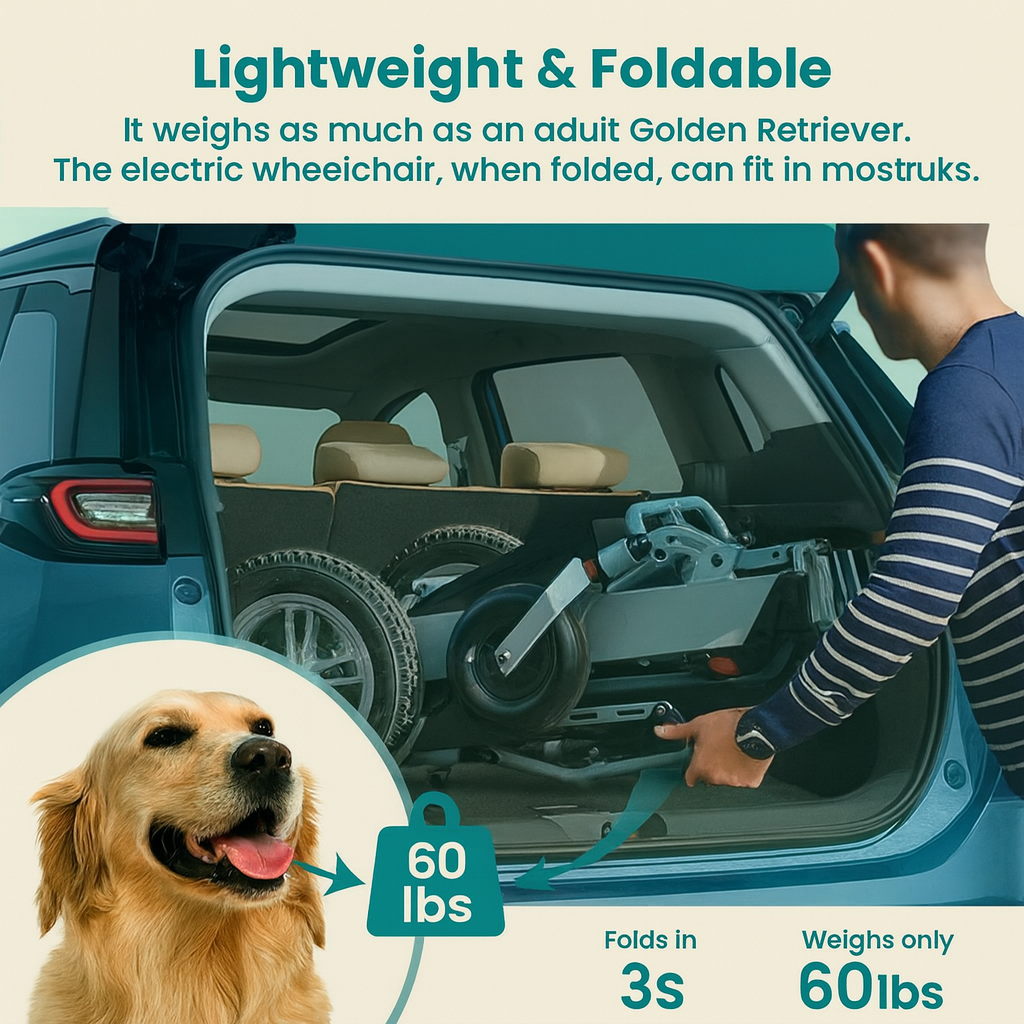 Electric wheelchair being folded and loaded into a car, with a Golden Retriever and text highlighting features.