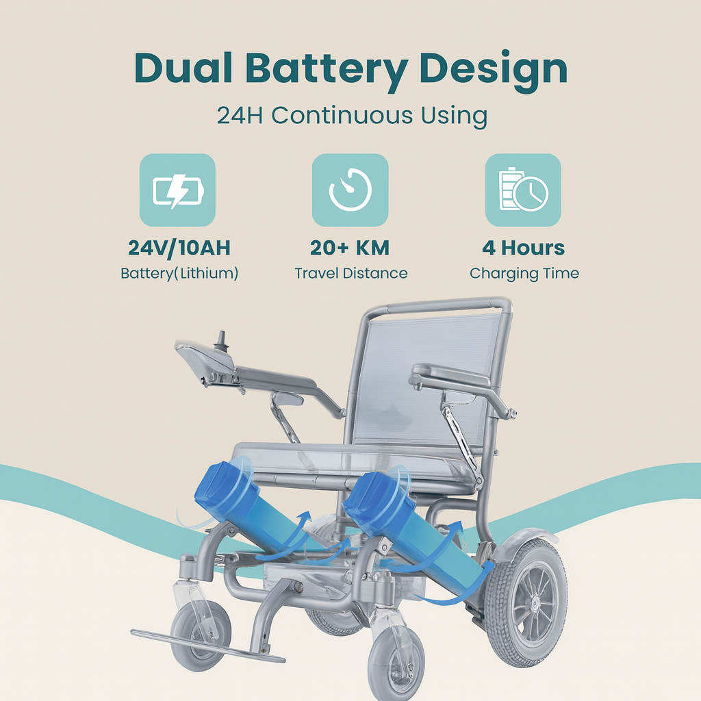 Electric wheelchair with dual battery design features on a beige background