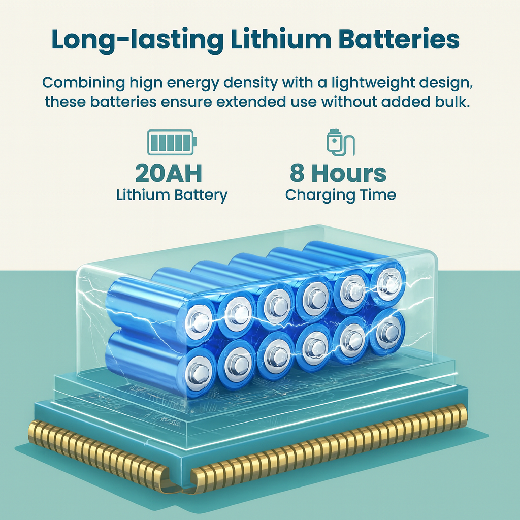 Illustration of lithium batteries with charging time and energy density information on a light blue background.