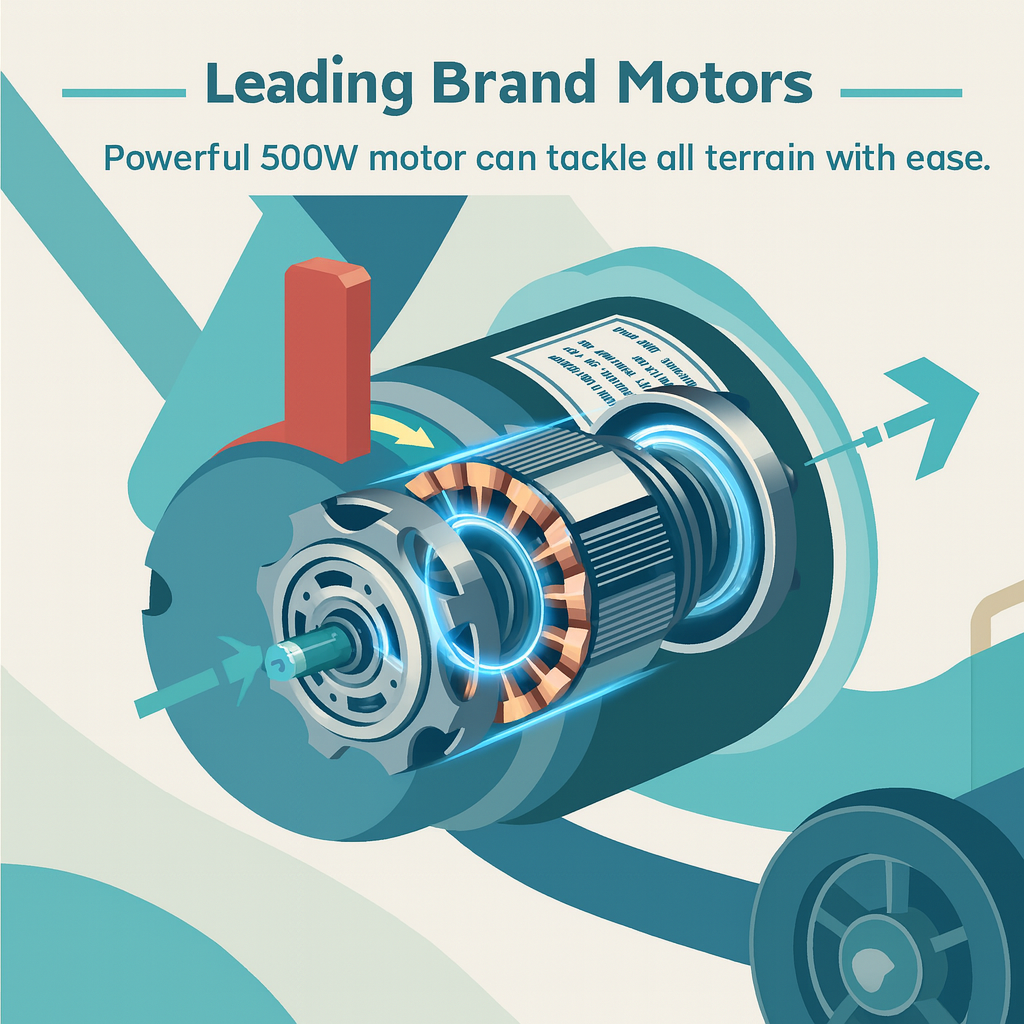 Illustration of a powerful 500W motor with text highlighting its capabilities.