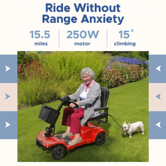 Woman using a red mobility scooter with text about range and specifications, outdoors.