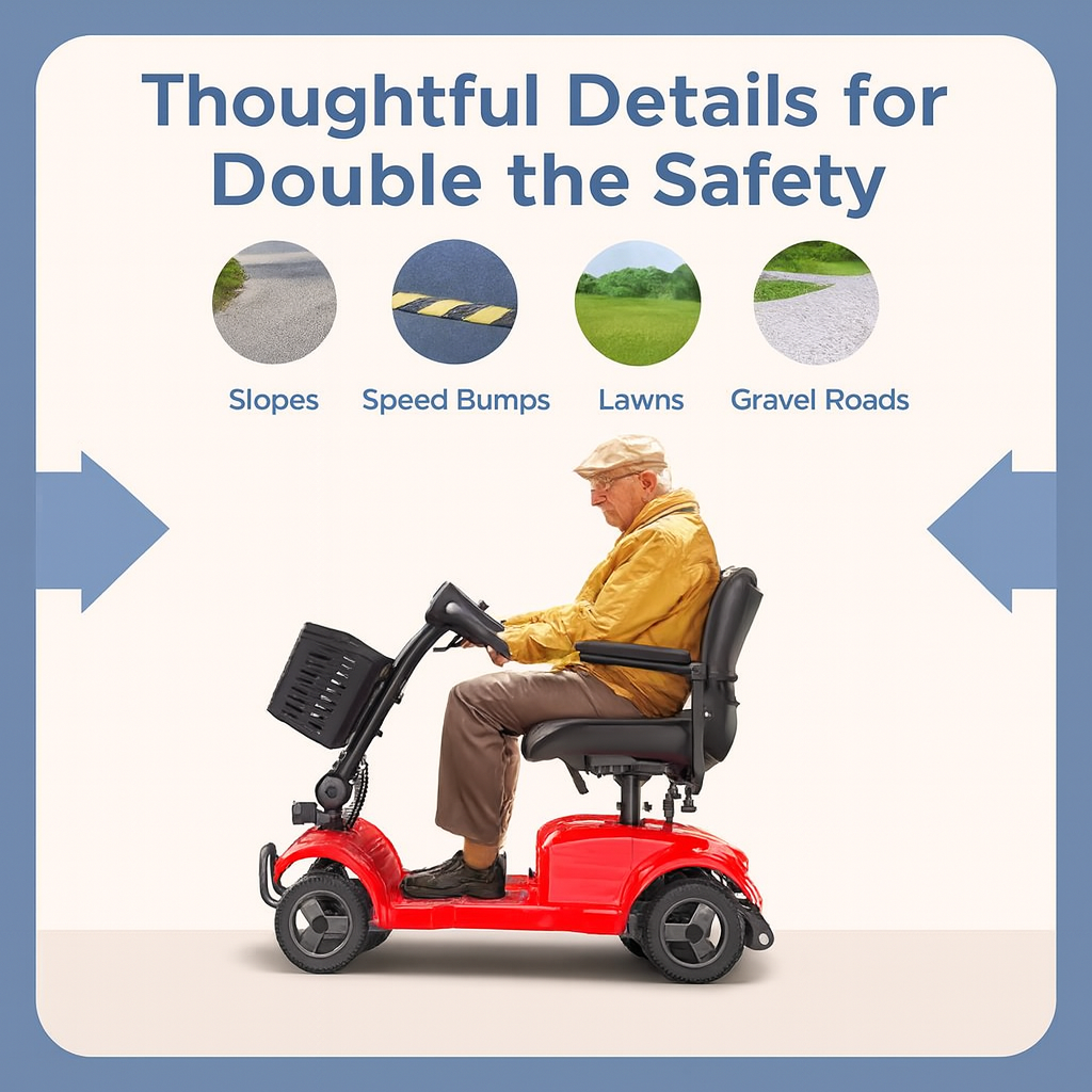 Red mobility scooter with a man on it, featuring text about safety features for various terrains.