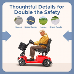 Red mobility scooter with a man on it, featuring text about safety features for various terrains.
