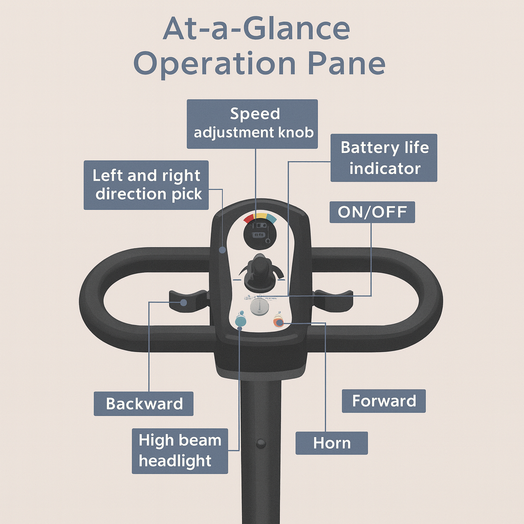 Control panel of a mobility scooter with labeled operation pane on a beige background