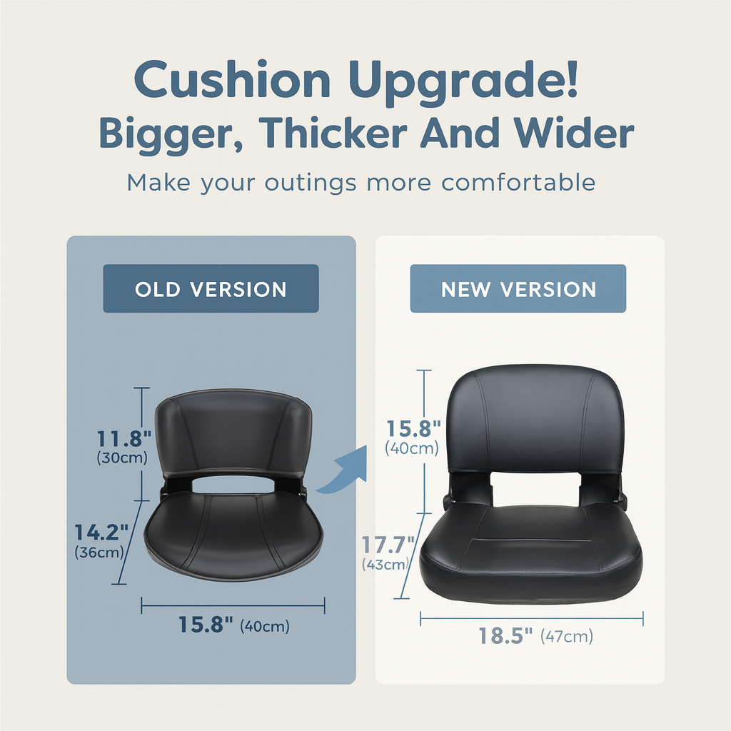 Comparison of old and new cushion versions with measurements on a light gray background