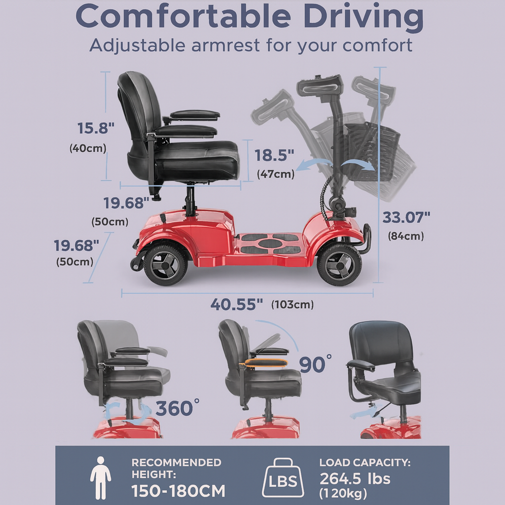 Red mobility scooter with adjustable armrest and measurements on a gray background