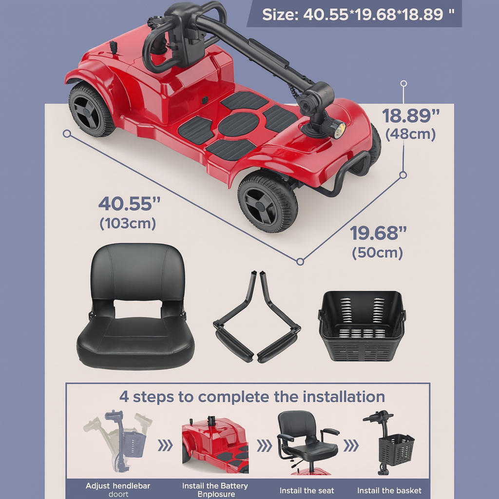 Red mobility scooter with measurements and installation steps on a light purple background