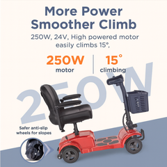Red mobility scooter with text highlighting power and climbing capabilities on a blue and white background
