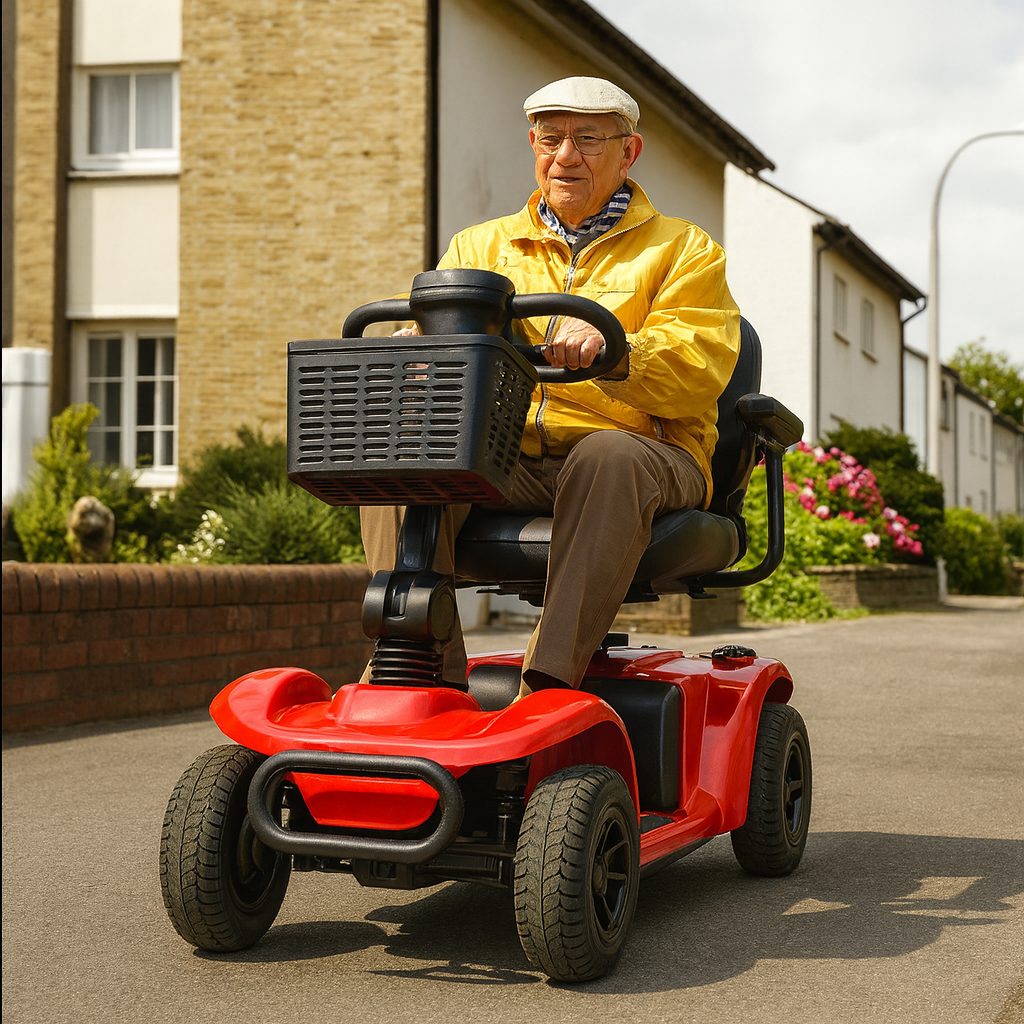 Man in yellow jacket and cap riding a red mobility scooter on a residential street.