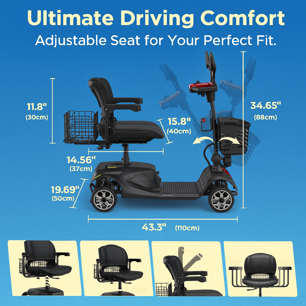 Measurement chart of a mobility scooter with adjustable seat on a blue background