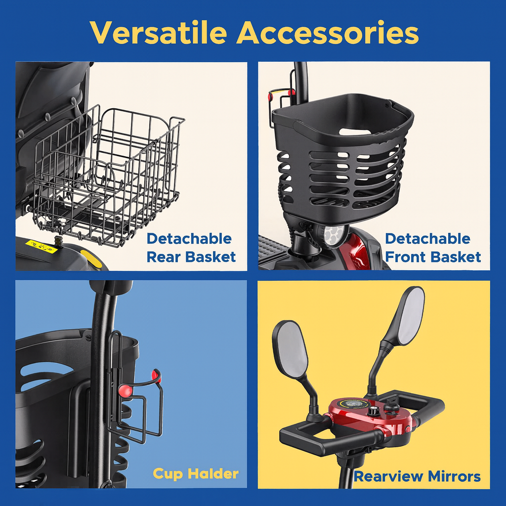 Collage of mobility scooter accessories including a detachable rear basket, front basket, cup holder, and rearview mirrors on a blue and yellow background.
