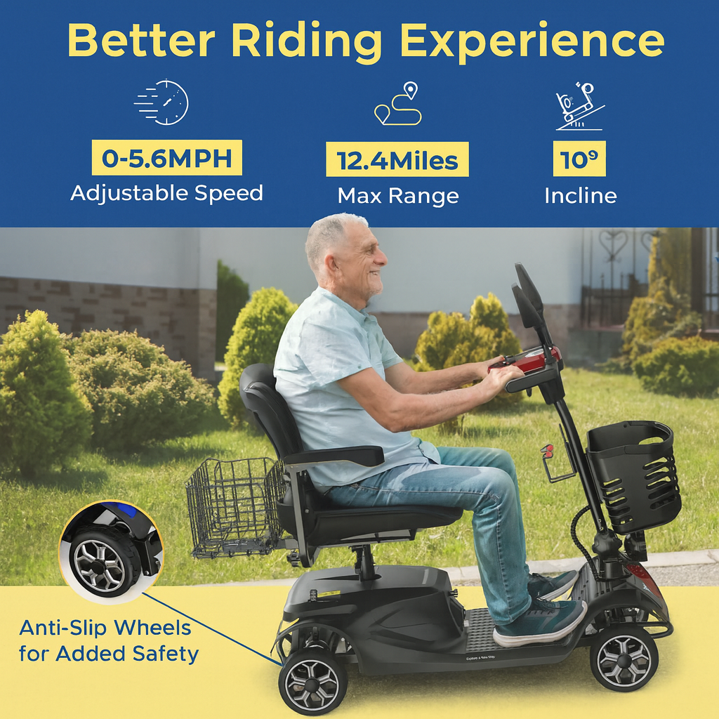 Man using a mobility scooter with features highlighted on a blue background