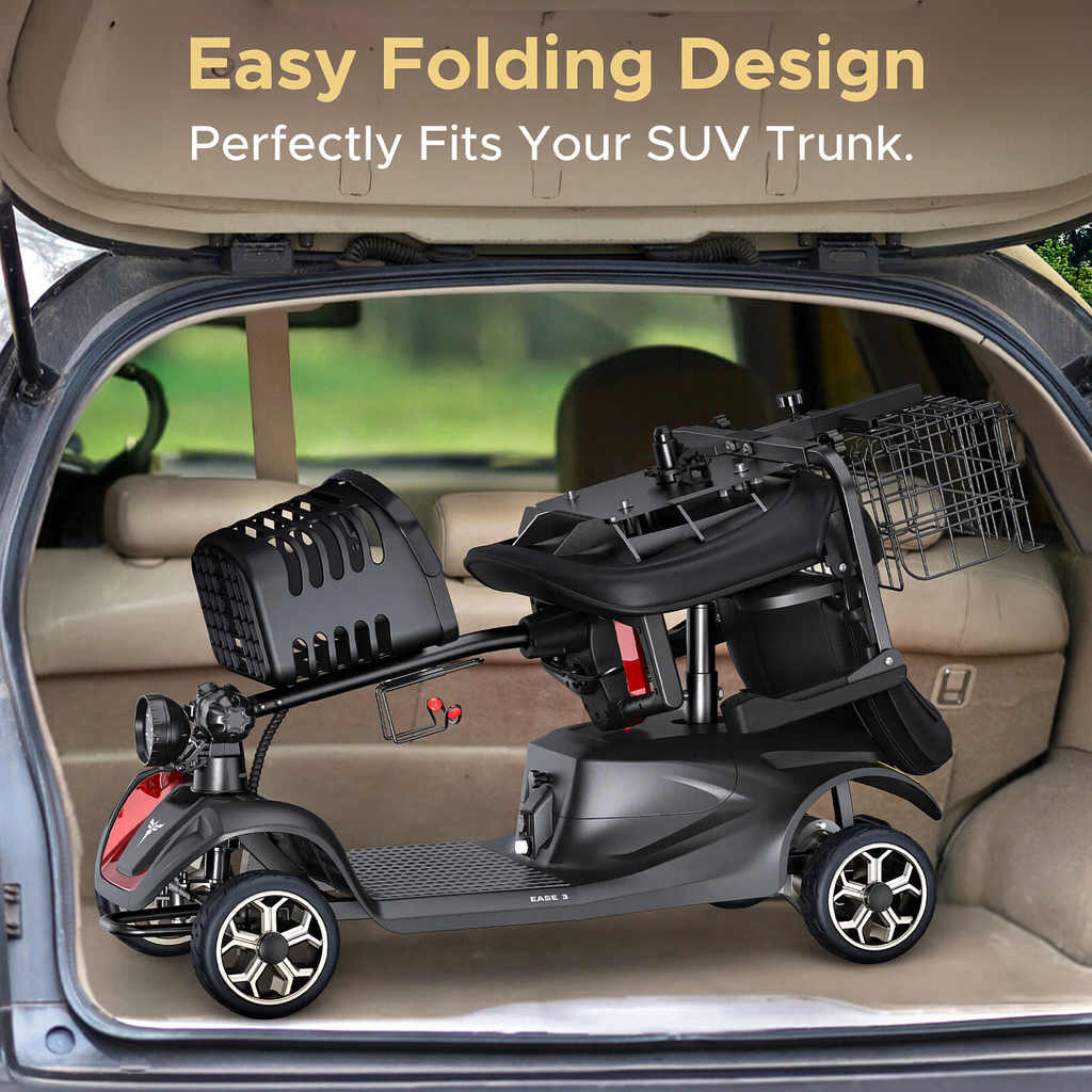 Foldable scooter in a car trunk with text 'Easy Folding Design Perfectly Fits Your SUV Trunk'.
