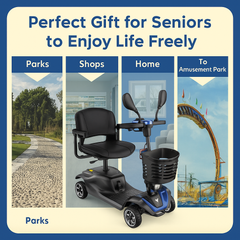 Mobility scooter with images of parks, shops, home, and amusement park on a blue and beige background.