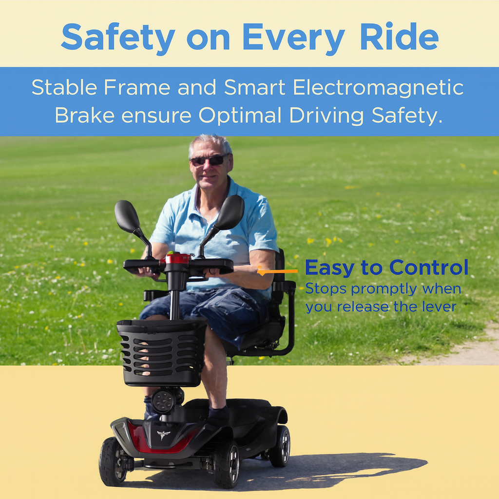 Man riding a mobility scooter with text about safety features on a grassy background