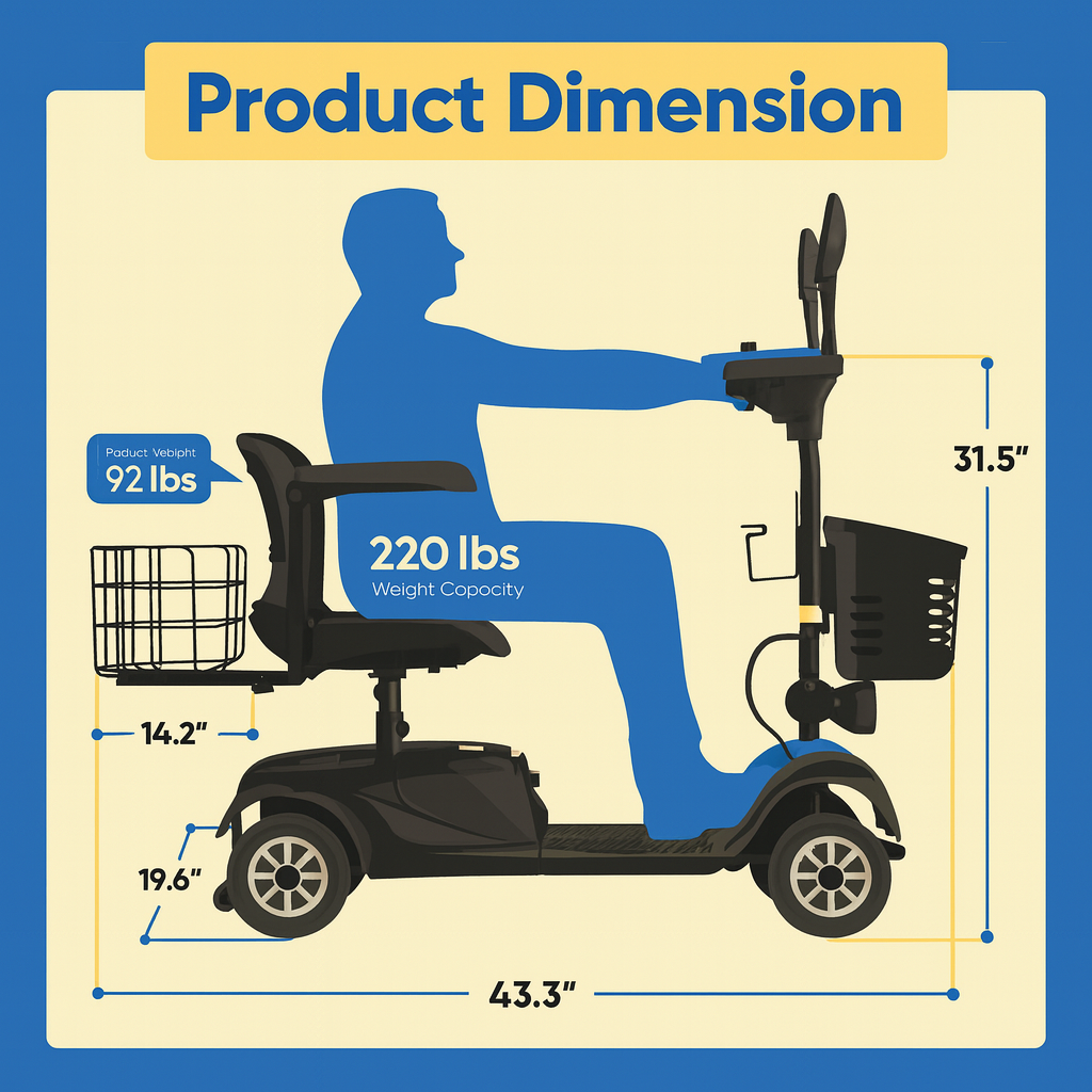 Illustration of a mobility scooter with dimensions and weight capacity details.