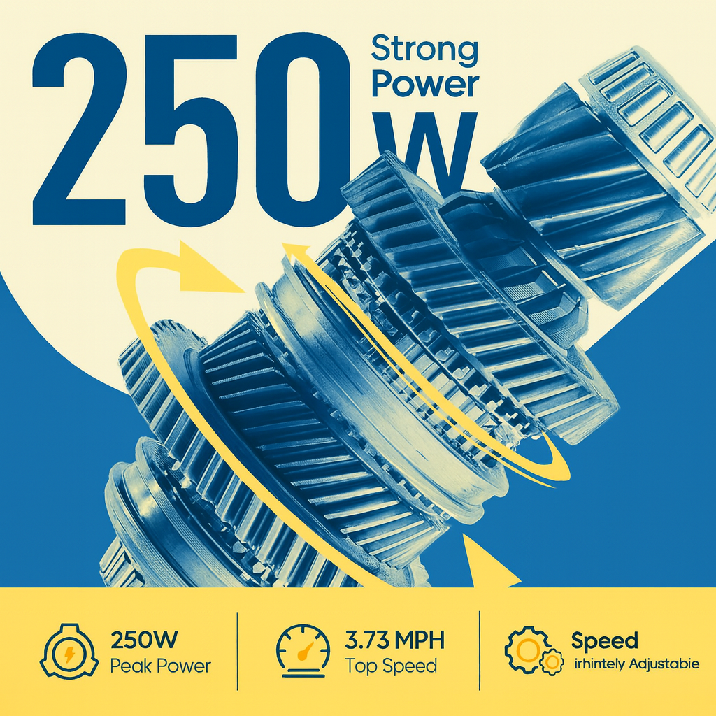 Gears with '250 Strong Power' text and power specifications on a blue and yellow background