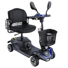Black and blue mobility scooter with a basket on a white background