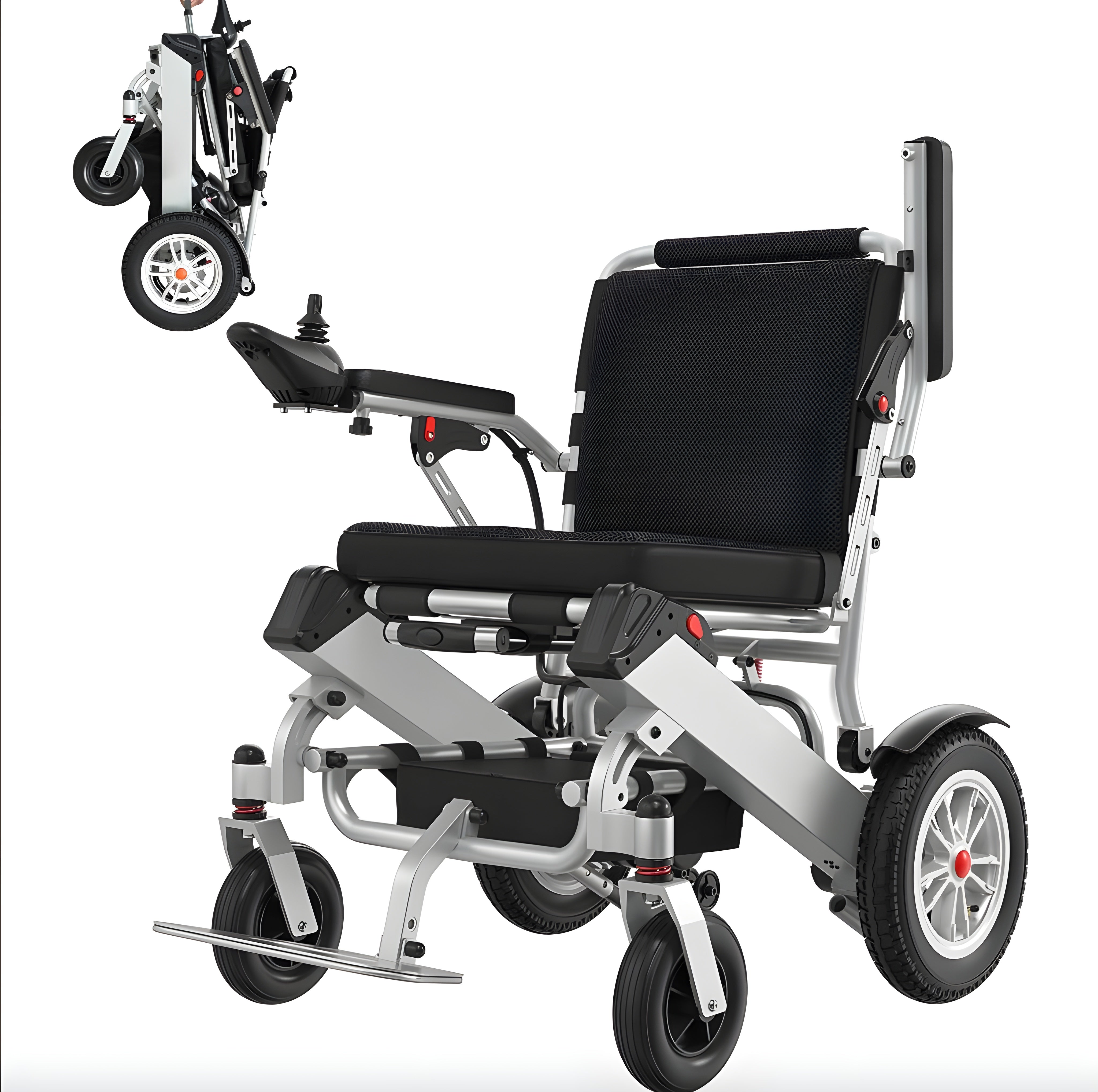 Foldable electric wheelchair with a folded version of itself on a white background