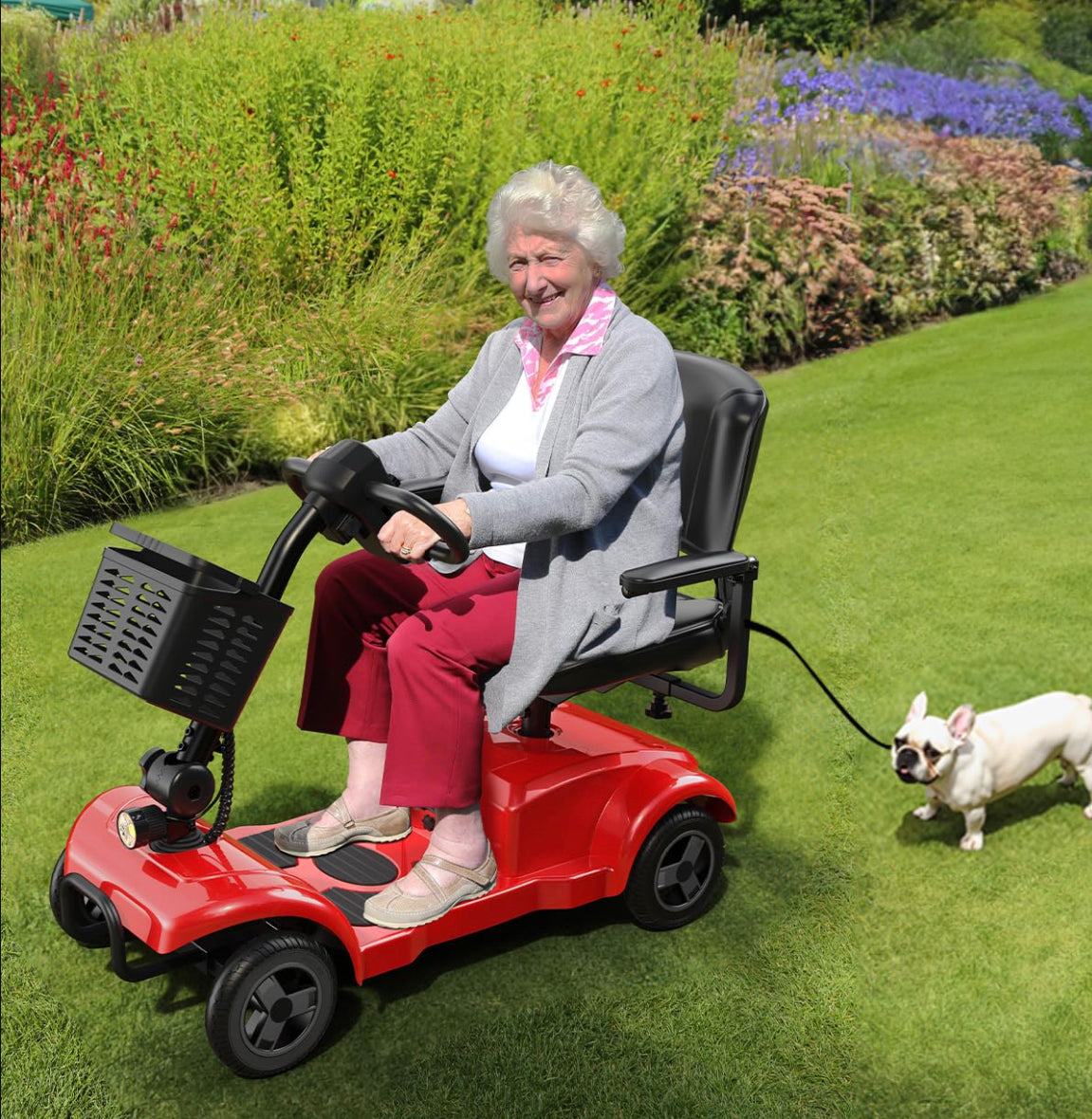 Woman using a red mobility scooter with a dog on a leash in a garden setting