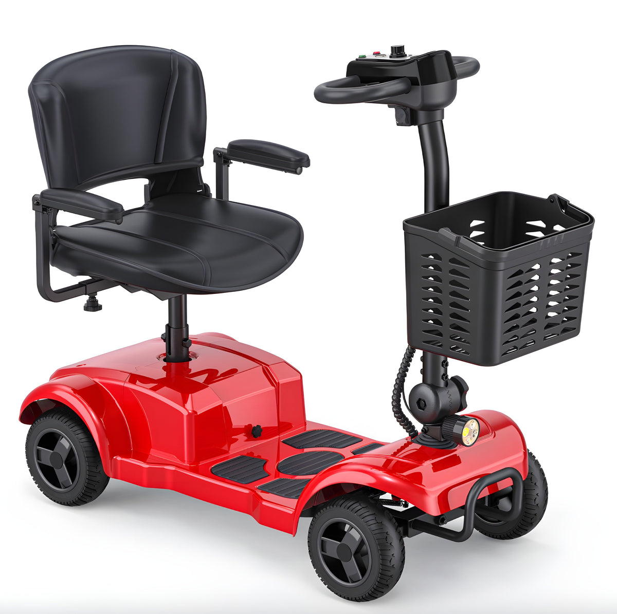 Red mobility scooter with black seat and basket on a white background