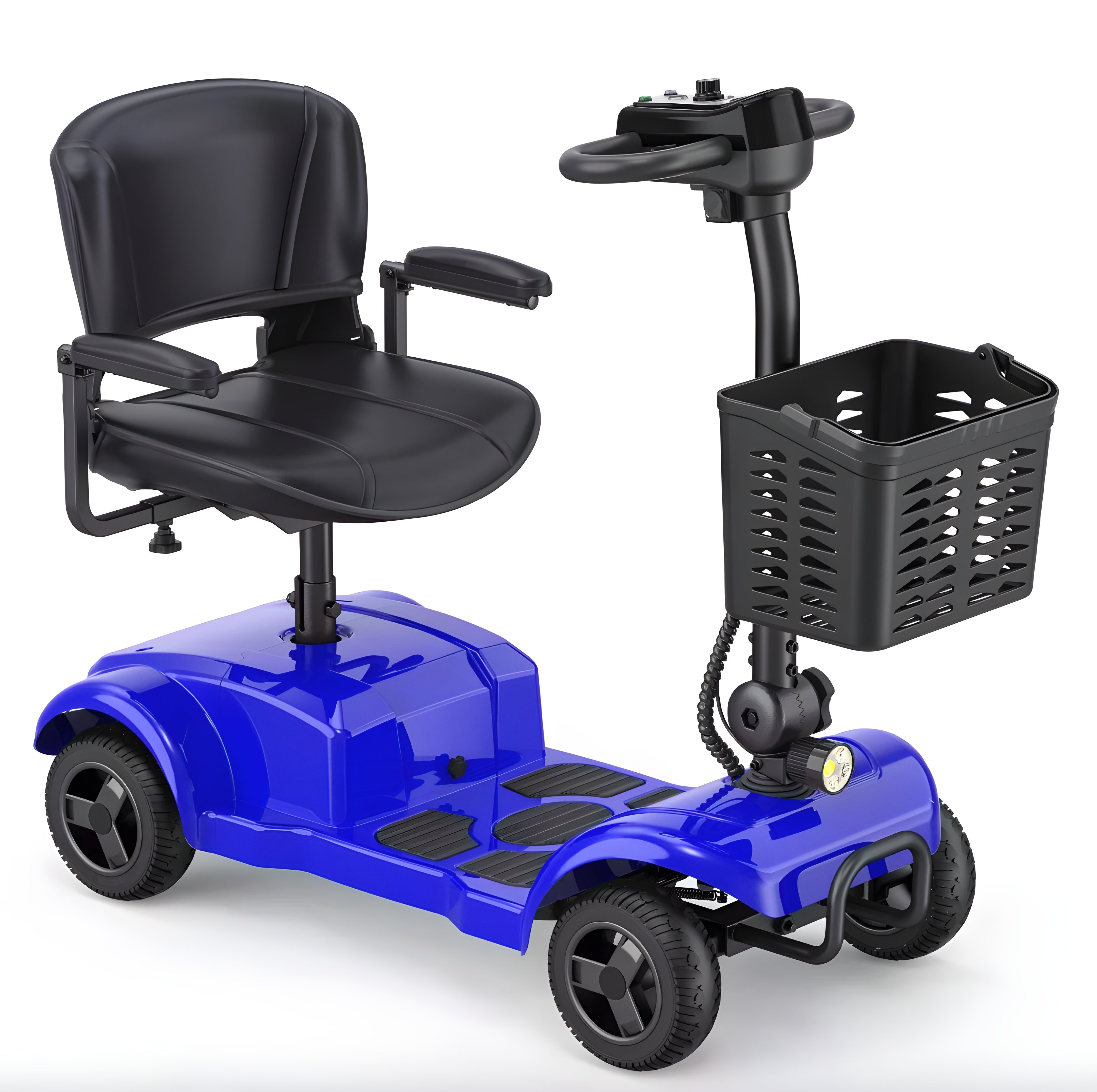 Blue mobility scooter with a black basket and seat on a white background