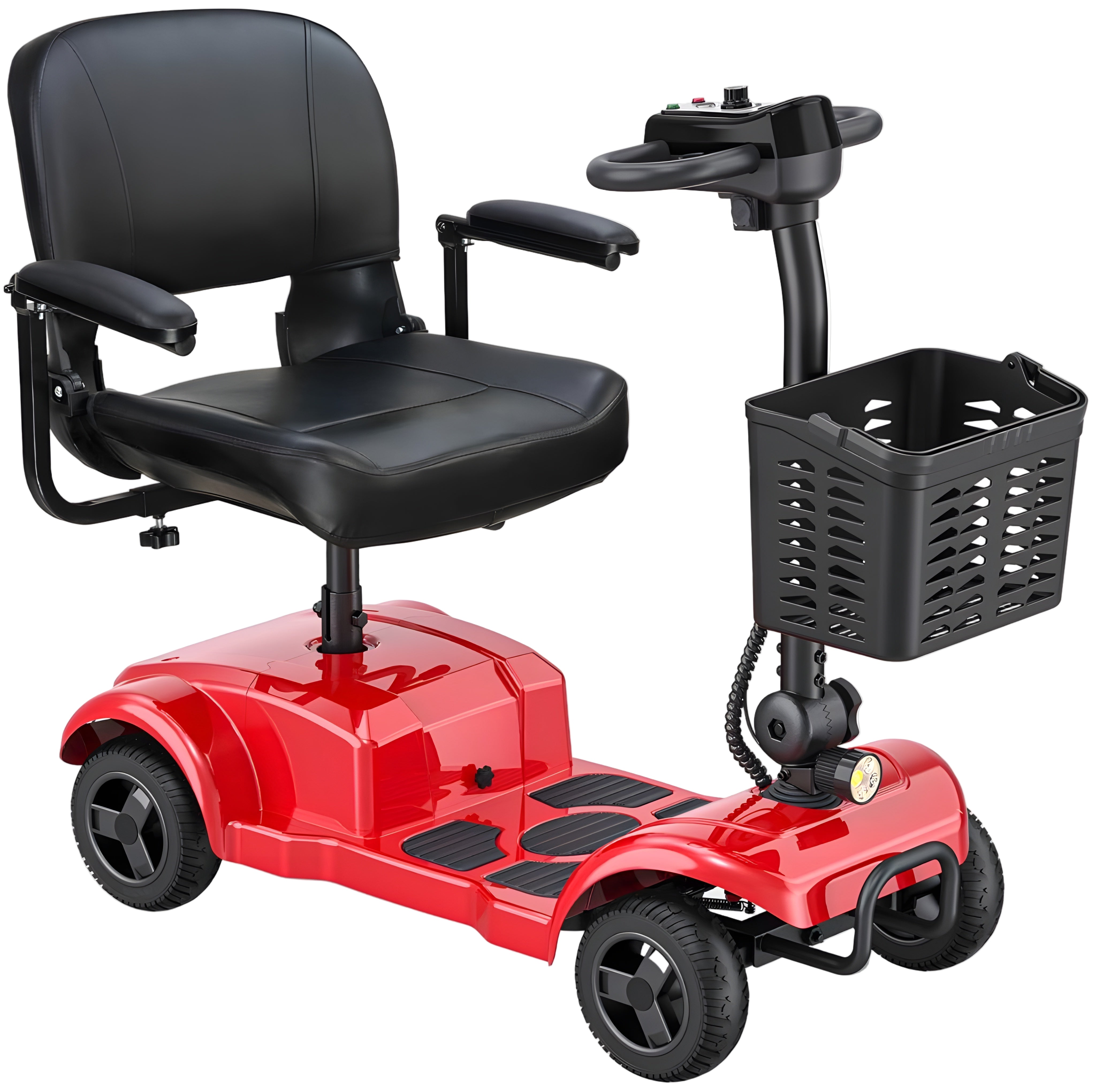 Red mobility scooter with black seat and basket on a white background.