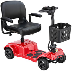 Red mobility scooter with black seat and basket on a white background.
