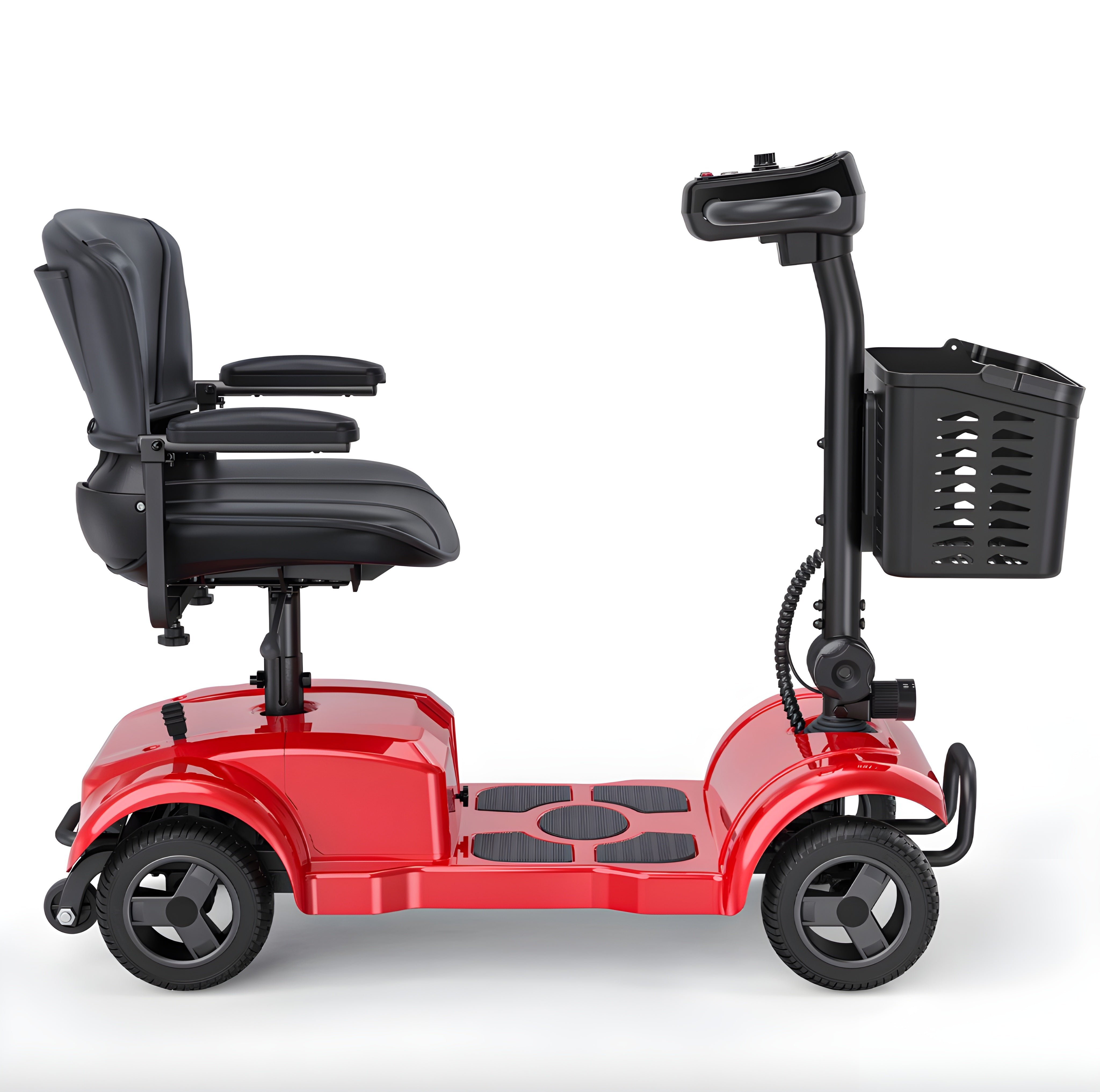 Red mobility scooter side view with black seat and basket on a white background