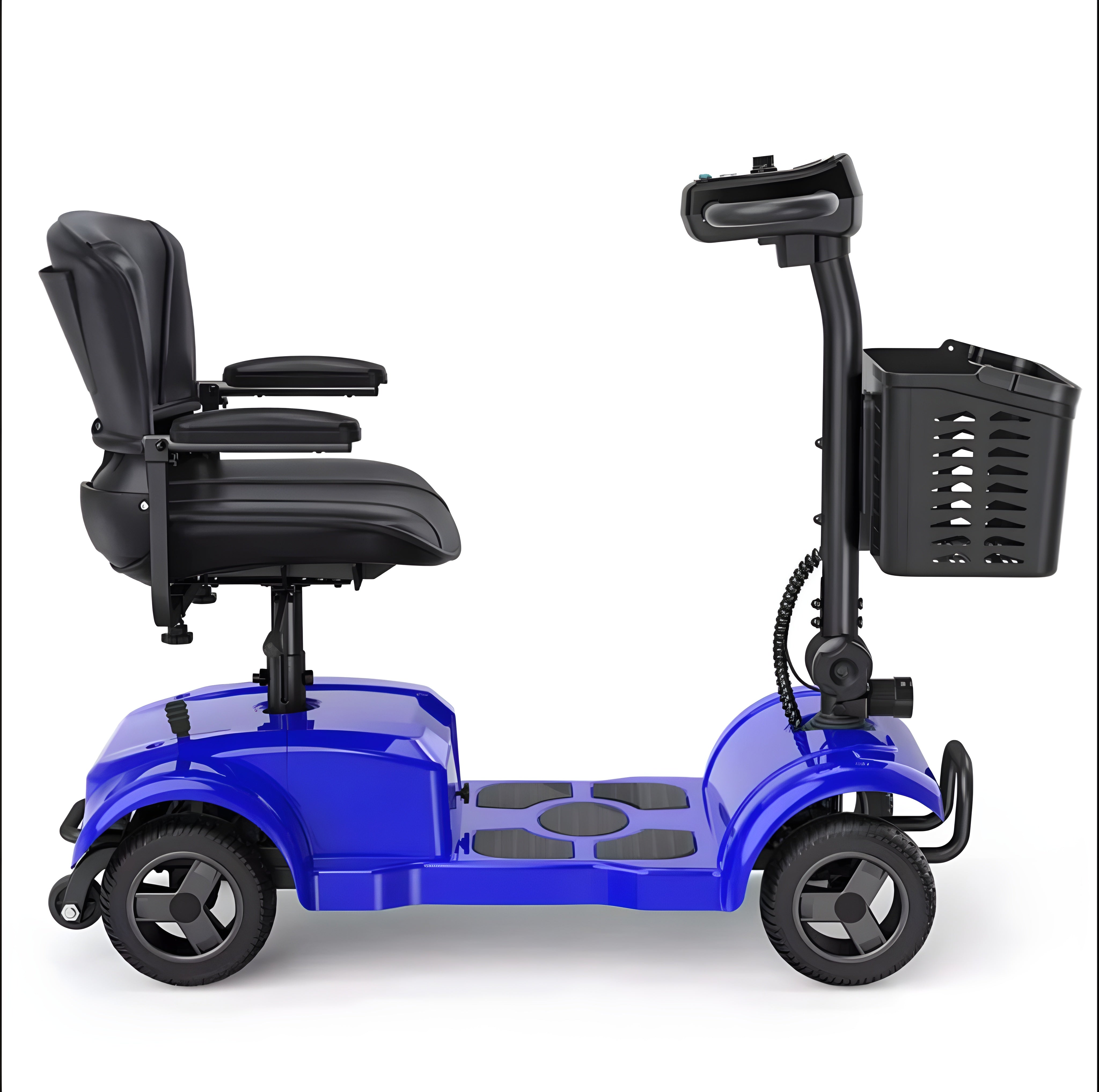 Blue mobility scooter side view with black seat and basket on a white background