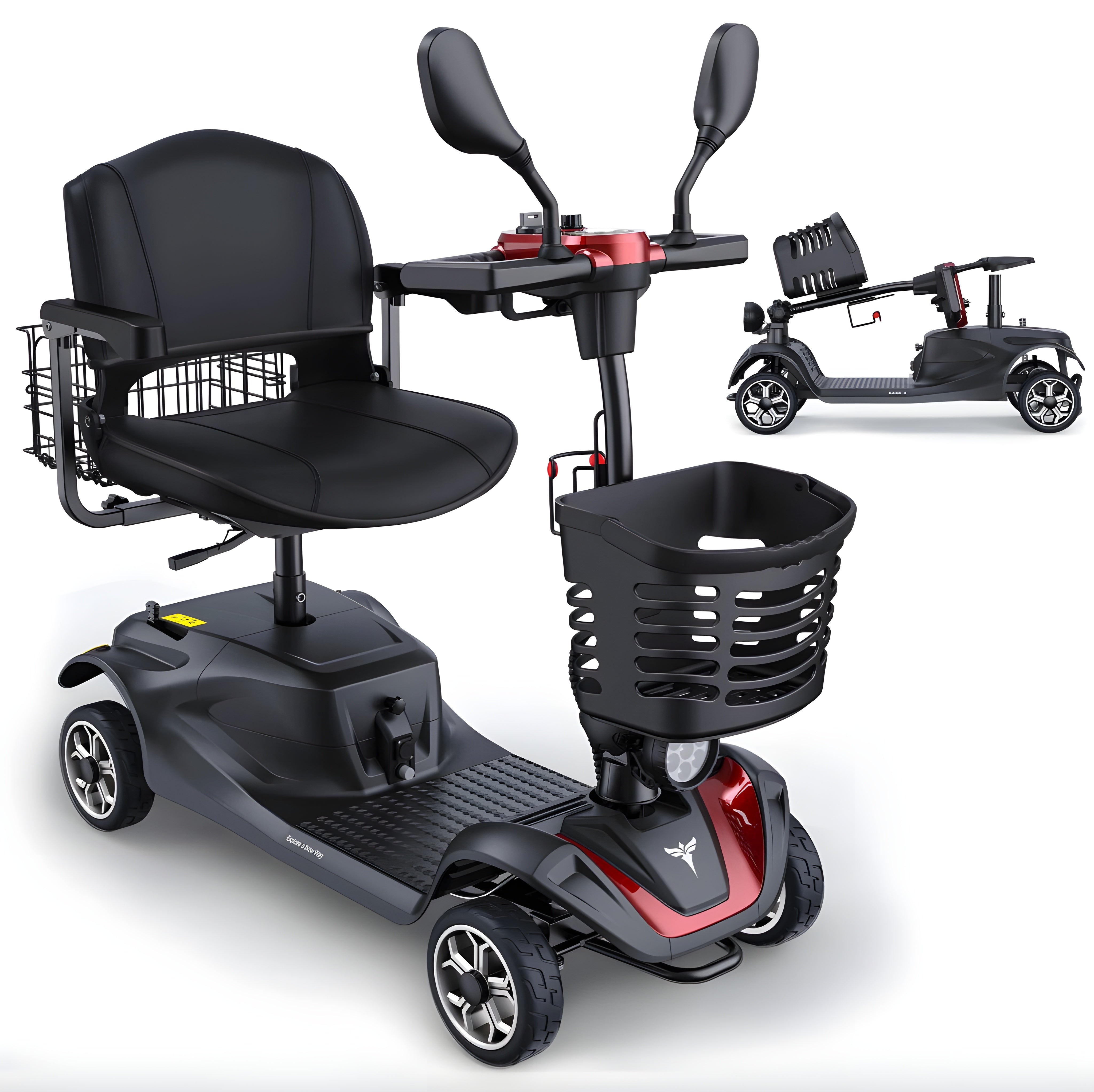 Black and red mobility scooter with basket on a white background