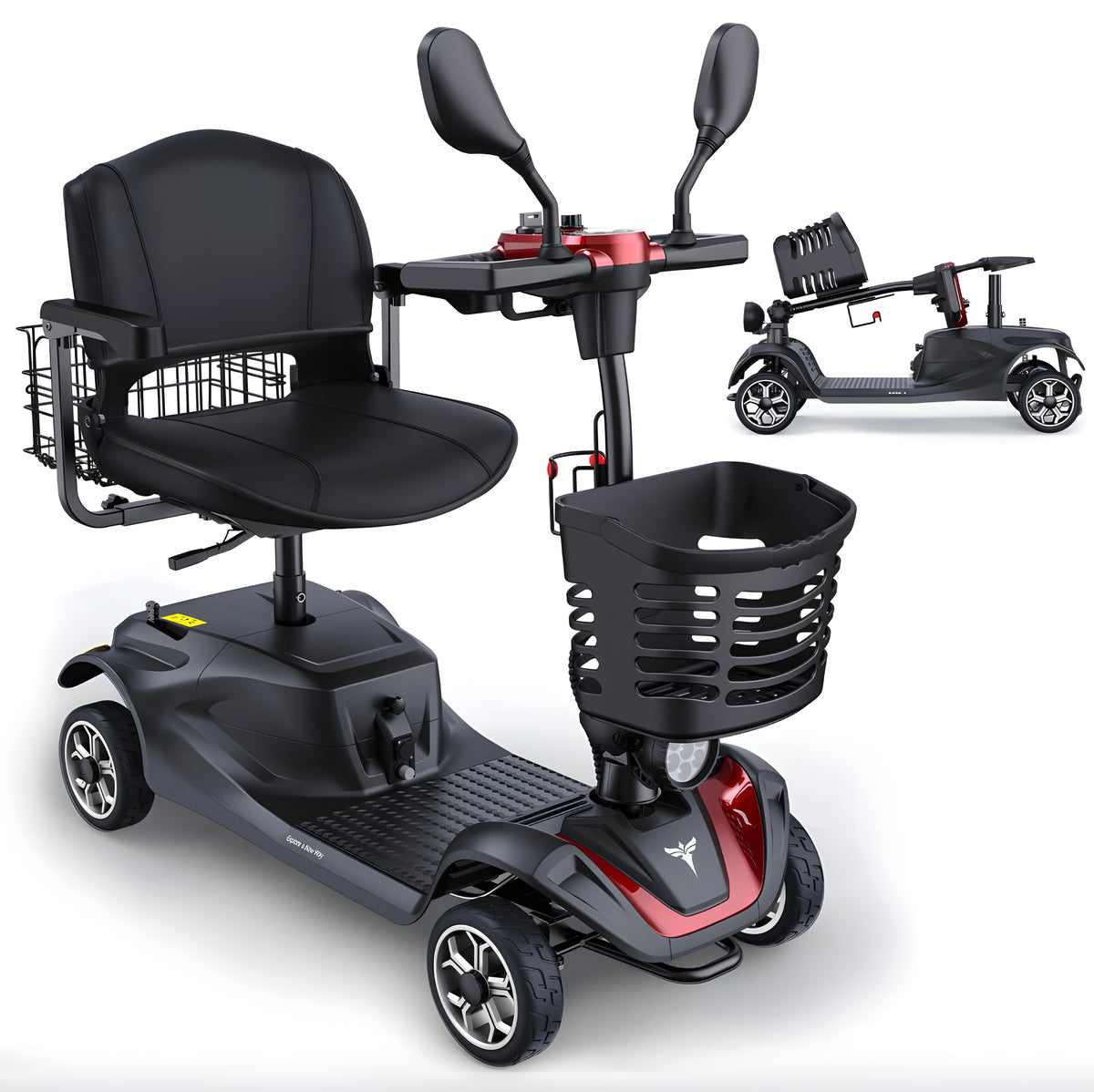 Black and red mobility scooter with basket on a white background
